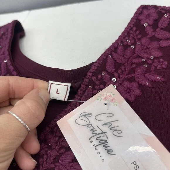 Chic Boutique Studio Kurta Pants Set Womens L Purple Floral Embroidered 2 Piece - Picture 5 of 13